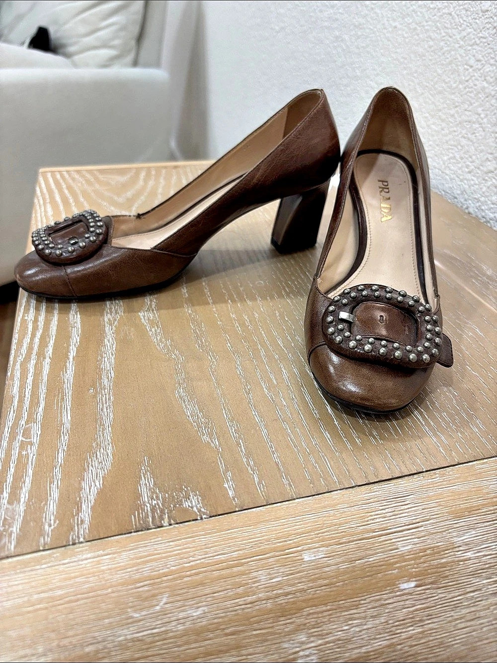 Prada Studded Buckle Pumps in Brown